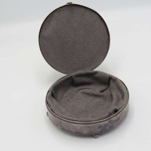 Vintage Alpacca silver-plated round trinket box with men drinking on lid