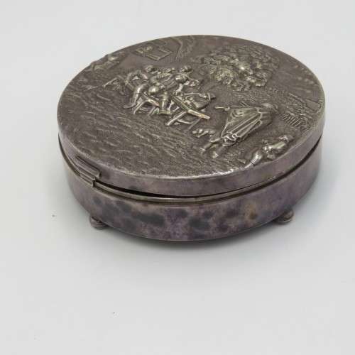 Vintage Alpacca silver-plated round trinket box with men drinking on lid