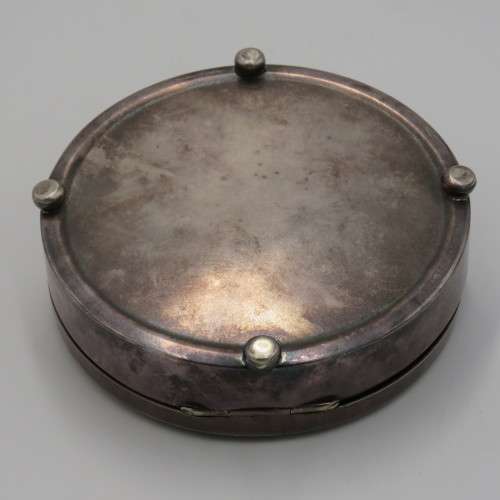Vintage Alpacca silver-plated round trinket box with men drinking on lid