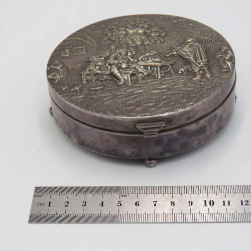 Vintage Alpacca silver-plated round trinket box with men drinking on lid