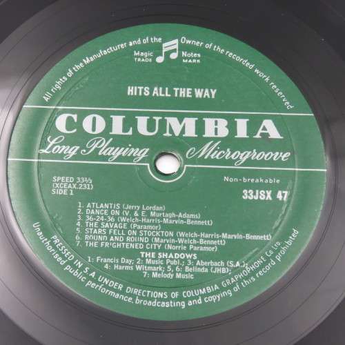 Columbia LP The Shadows Hits all the way 33 JSX 47 original - excellent condition