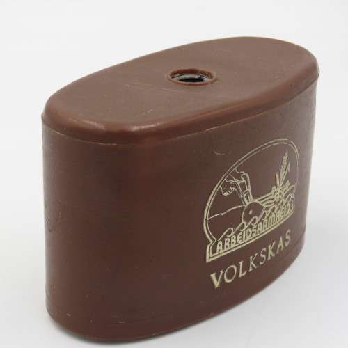 Vintage Volkskas Arbeidsaambeid Money box with brown plastic outer