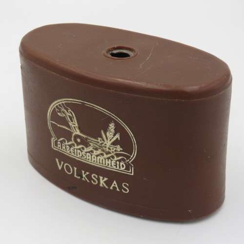 Vintage Volkskas Arbeidsaambeid Money box with brown plastic outer