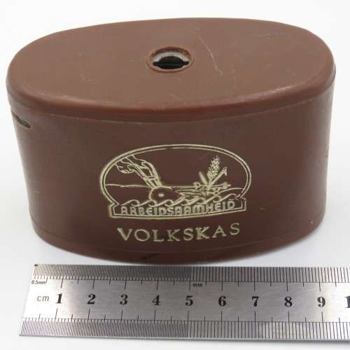 Vintage Volkskas Arbeidsaambeid Money box with brown plastic outer