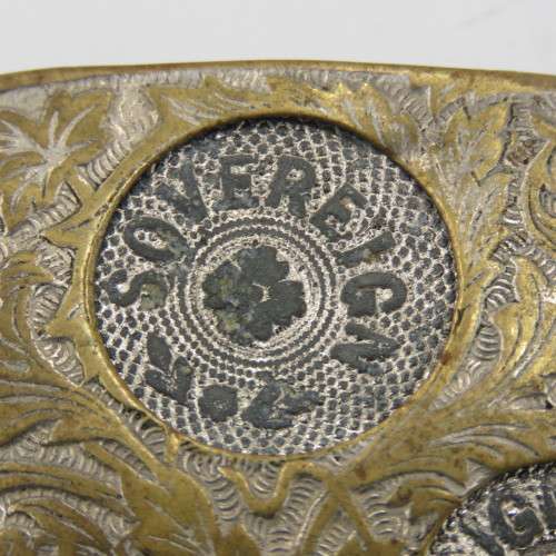 Vintage metal coin holder case with place for sovereign, half sovereign, shilling and sixpence