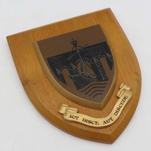 Vintage Aut Disce Aut Discede coat of arms wall plaque