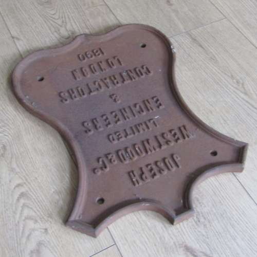 Antique Joseph Westwood and Co. 1890 cast iron name plate