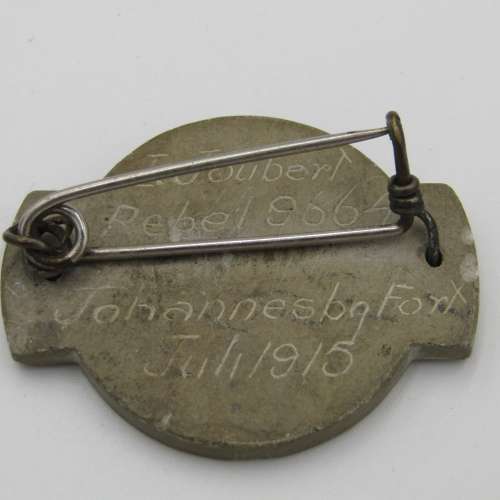 WW1 July 1915 Rebellion trench art piece of I. Joubert Rebel 9664 - very unique piece