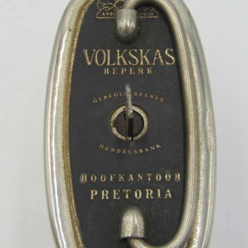 Vintage Volkskas Beperk Pretoria money box with key