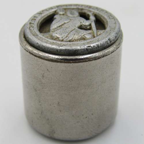 Vintage 6d sixpence coin holder with st. Christopher badge