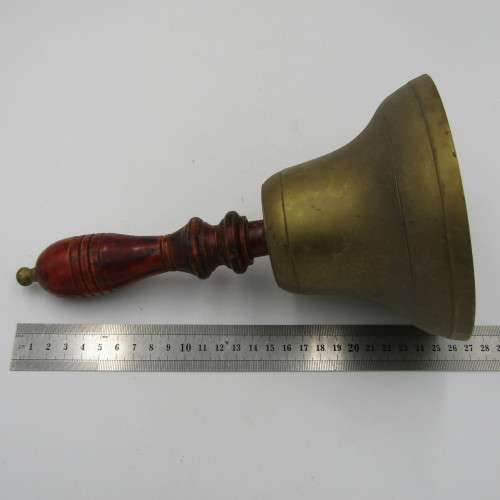 Vintage handheld brass bell with wooden handle - no ringer