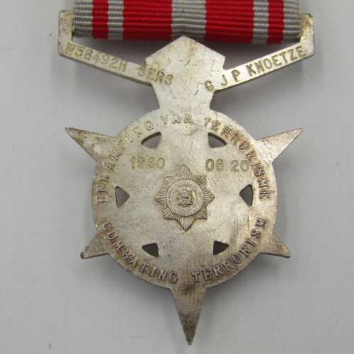 SA Police combatting terrorism medal with 2 bars issued to W58492H Sergeant GJP Knoetze