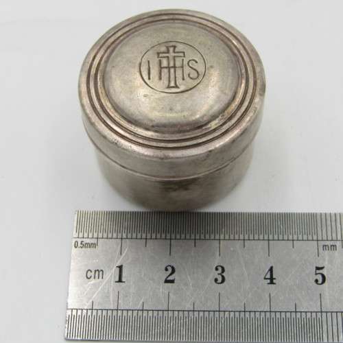 Antique E.P.N.S pill box - marked IHS with cross on lid