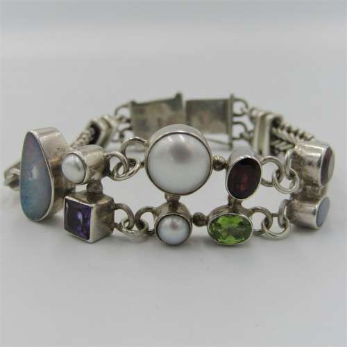 Sterling silver bracelet with pearls, opal stone, garnets, amethyst and other stones