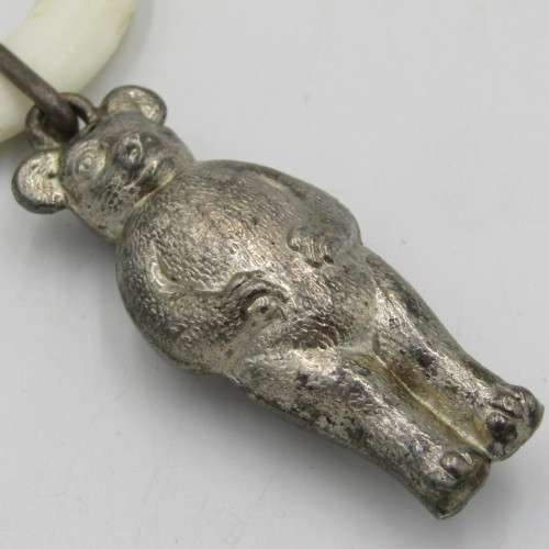 Antique baby rattle / teething ring with silverplated bear