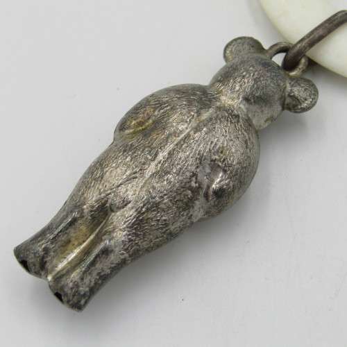 Antique baby rattle / teething ring with silverplated bear