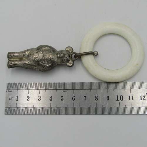Antique baby rattle / teething ring with silverplated bear