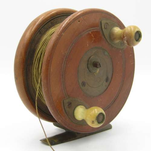 Vintage Wooden fishing reel with bone handles and rachet setting