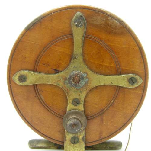 Vintage Wooden fishing reel with bone handles and rachet setting
