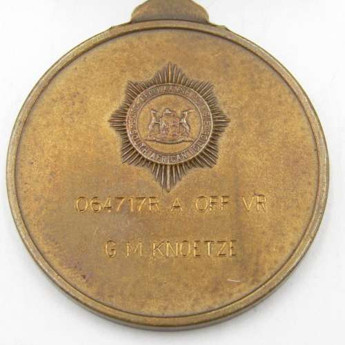 SA Police 75 Years commemorative medal issued to 064717R warrant officer GM Knoetze