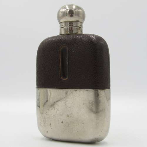 Antique Nickel Plated and glass hipflask with leather cladding