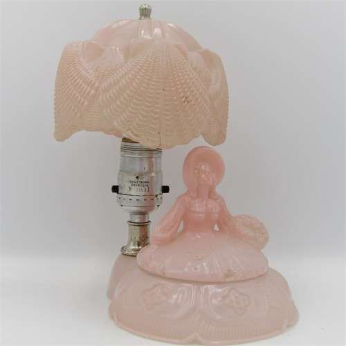 Vintage Pink Glass lady Boudoir table lamp with trinket holder - needs re-wiring - some chips