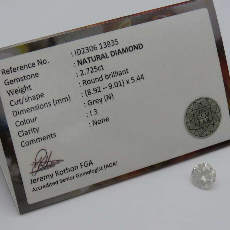 Natural Round Brilliant diamond of 2,725ct with GEMLAB certificate - colour N, I3