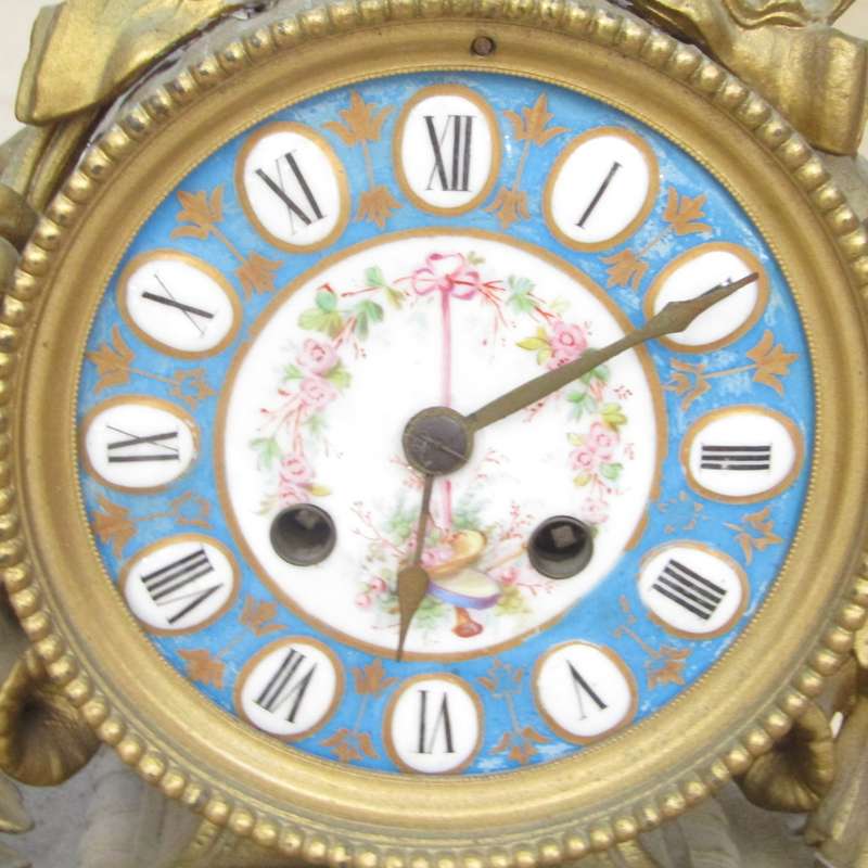 Antique French Louis XV Style Ormolu and porcelain mantel clock