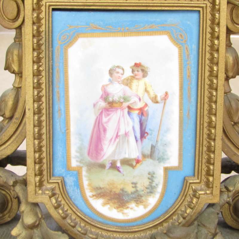 Antique French Louis XV Style Ormolu and porcelain mantel clock