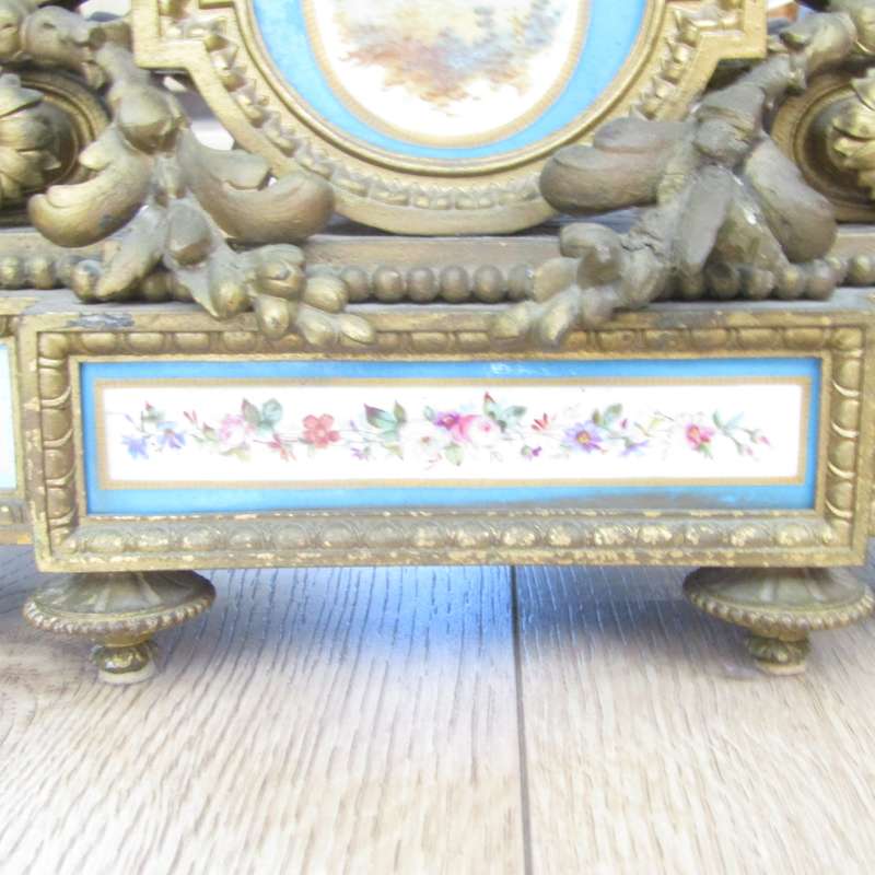 Antique French Louis XV Style Ormolu and porcelain mantel clock