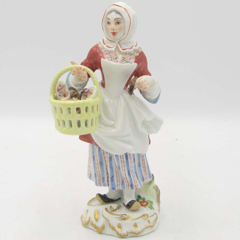 Antique Meissen porcelain figurine of lady with bread basket - small paint chip on bread - 14 cm