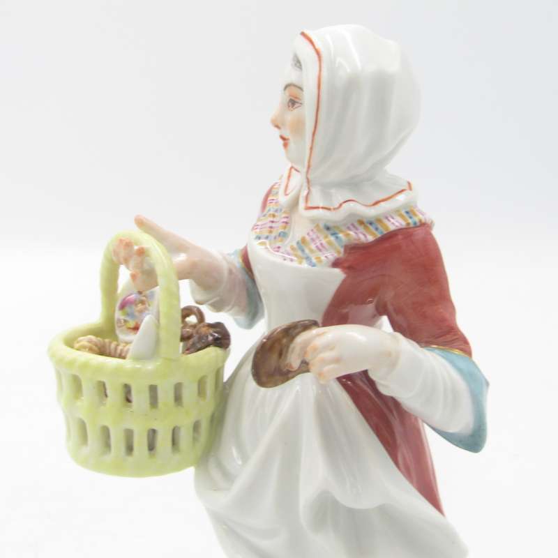 Antique Meissen porcelain figurine of lady with bread basket - small paint chip on bread - 14 cm