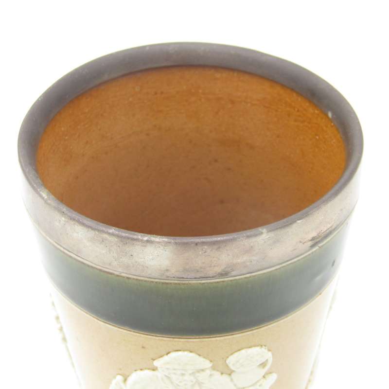 Antique Doulton Lambeth England stoneware tumbler with hallmarked silver rim