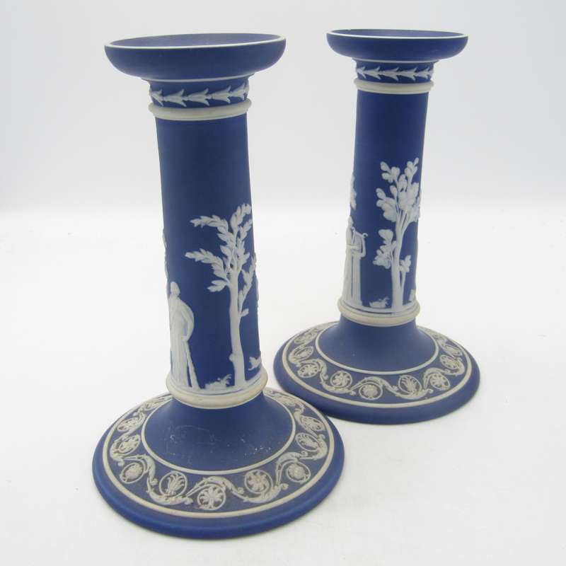 Antique Wedgwood Jasperware cobalt blue pair of candle stick - circa 1869 as per date marks