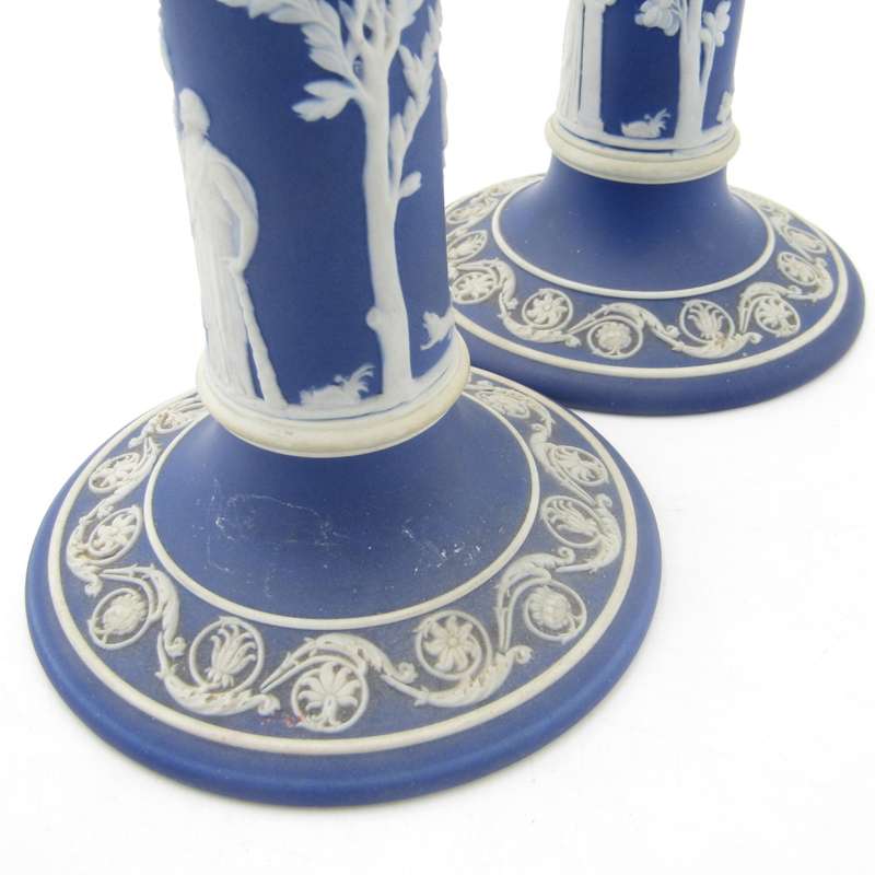 Antique Wedgwood Jasperware cobalt blue pair of candle stick - circa 1869 as per date marks