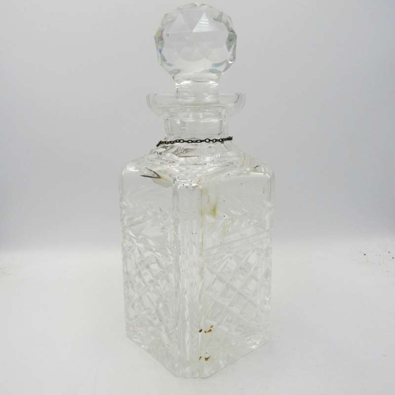 Vintage Staurt Crystal Whiskey decanter with hallmarked sterling silver necktag - fine chips on side