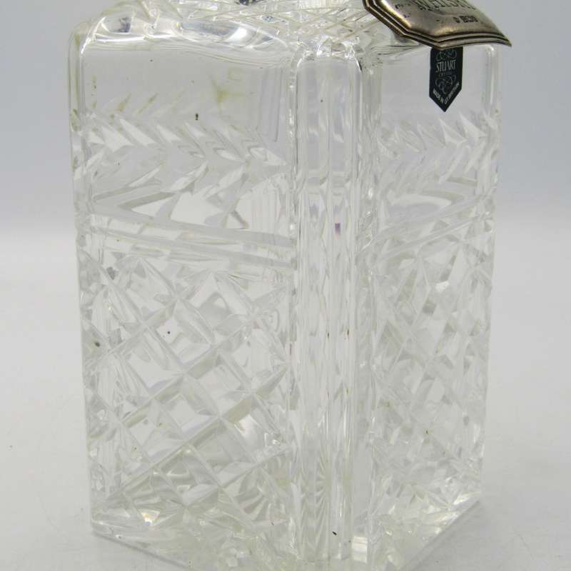 Vintage Staurt Crystal Whiskey decanter with hallmarked sterling silver necktag - fine chips on side
