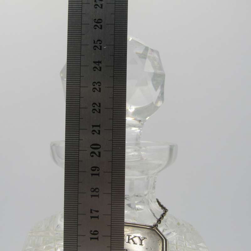 Vintage Staurt Crystal Whiskey decanter with hallmarked sterling silver necktag - fine chips on side