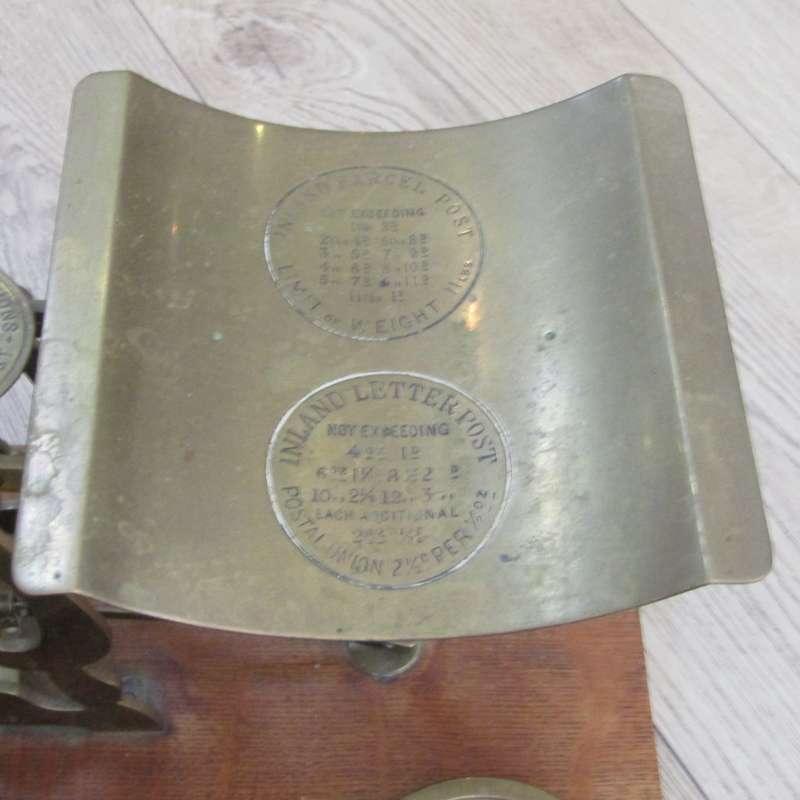 Antique brass Inland postal balancing scale with weights
