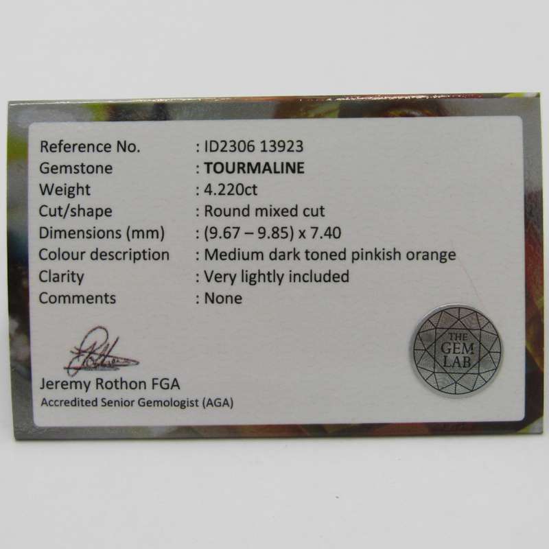 Tourmaline of 4,22 carat - Round mixed cut - pinkish Orange with Gemlab certificate
