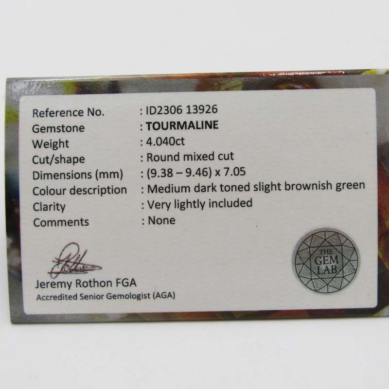 Tourmaline of 4,04 carat - Round mixed cut - slight brownish green with Gemlab certificate
