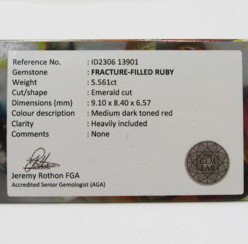 Fracture filled Ruby of 5,5 carat medium dark toned red Emerald cut with Gemlab certificate