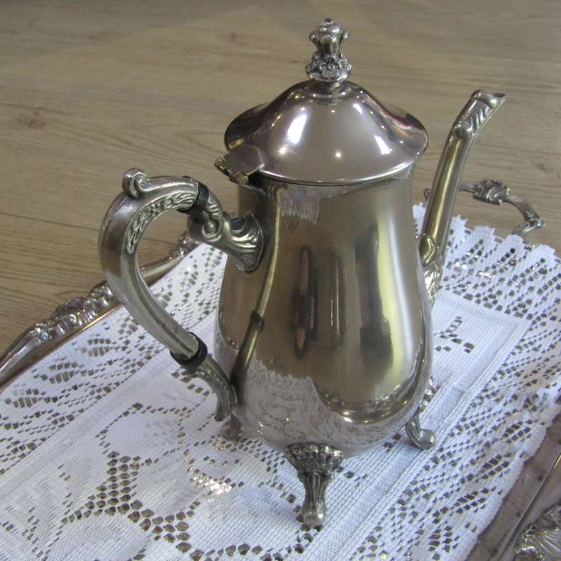 Vintage silverplated tea and coffee set on tray