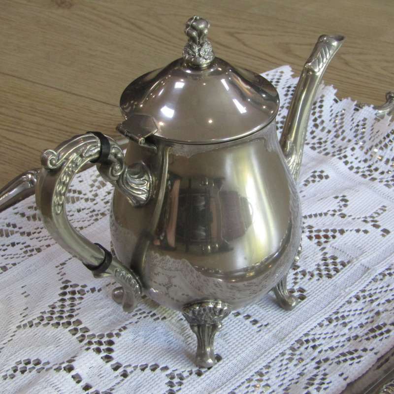 Vintage silverplated tea and coffee set on tray