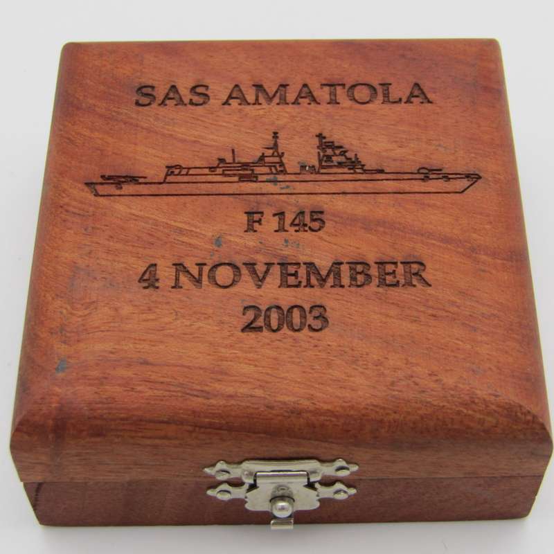 SAS Amatola F 145 commemorative medallion in presentation box