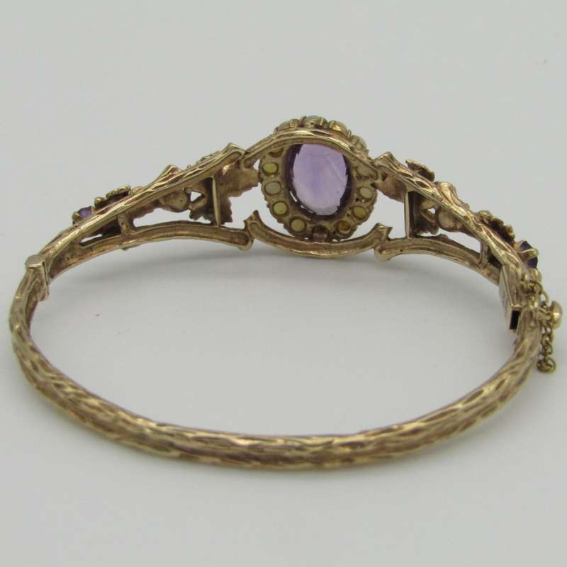 Vintage Zeeta 9kt Gold Amethyst and seed pearl bangle - weighs 22,4 grams - size 17 cm