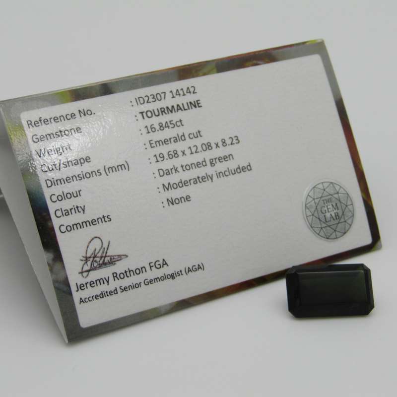 Dark toned green Tourmaline Emerald cut - large 16,8 carat stone with Gemlab certificate