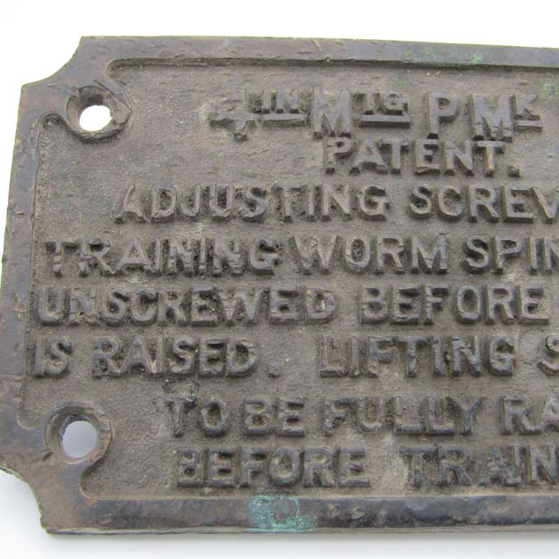 4IN MTG P Mk IX instruction metal plaque - possibly 4inch MK IX Naval gun plaque