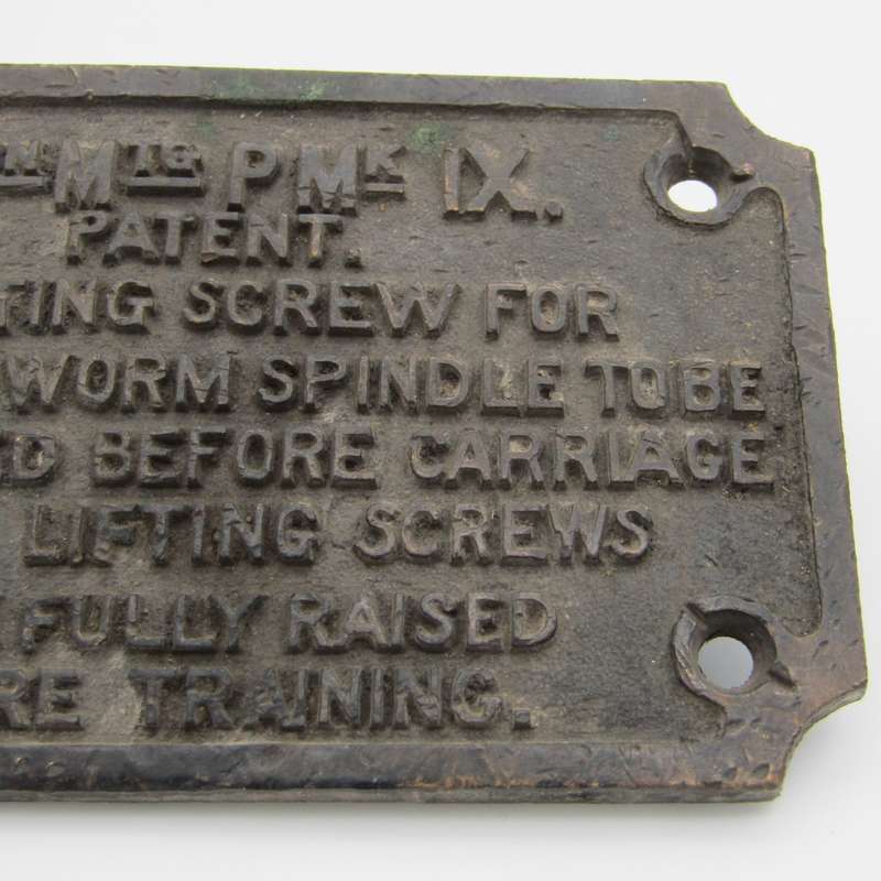 4IN MTG P Mk IX instruction metal plaque - possibly 4inch MK IX Naval gun plaque