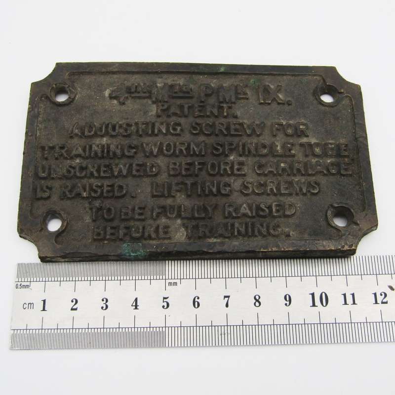 4IN MTG P Mk IX instruction metal plaque - possibly 4inch MK IX Naval gun plaque